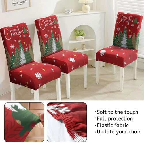 Christmas Chair Covers Set of 4,Xmas Tree Dining Chair Slipcovers,Elastic Removable Washable Dining Parsons Chair Protectors,Christmas Decor for Home Red