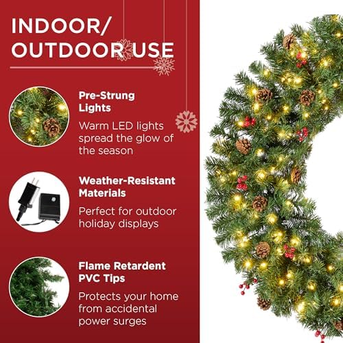 Best Choice Products 30in Pre-Lit Christmas Wreath w/Berries & Pinecones, Large Artificial Indoor/Outdoor Decor for Door, Mantel, Plug-in