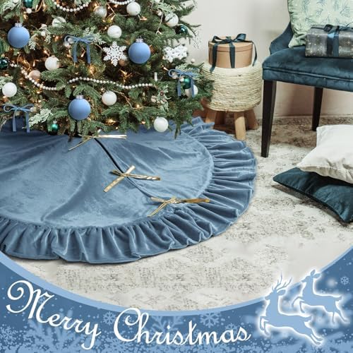 Velvet Christmas Tree Skirt, 48 Inches, Bow Style, Haze Light Blue