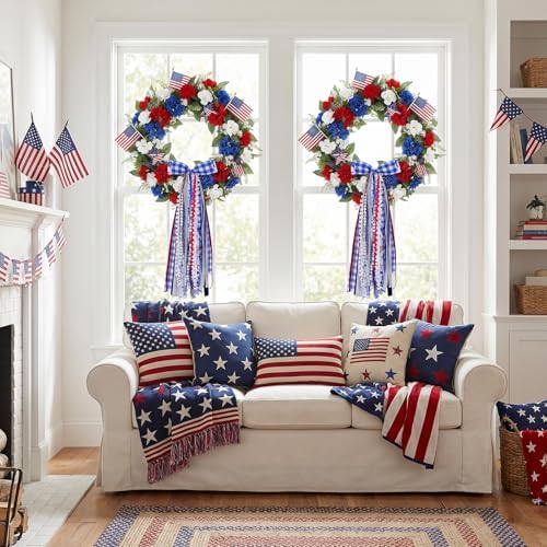 Patriotic Bows for Wreaths Red White Blue Grid Stars Tree Topper Bow for 4th of July,Independence Day,Memorial Day,Veteran's Day Indoor Outdoor Holiday Patriotic Decorations