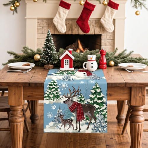 Artscope Reindeer Snowman Christmas Tree Table Runner, Xmas Winter Snowflakes Holiday Kitchen Dining Table Decoration for Christmas Home Party Decor 13x60 Inch-Light Blue