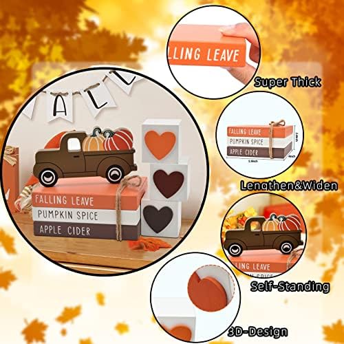 Thanksgiving Tiered Tray Decor - Fall Decorations for Home - 3 Double Sided Faux Book Stack 3 Love Wood Block 1 Pumpkin Truck - Farmhouse Rustic Wooden Table Sign for Autumn Thanksgiving Harvest