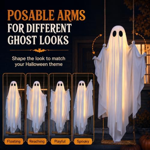 Halloween Hanging Swinging Ghost, Light Up Ghost Porch Decor with IP65 Remote String Lights, Halloween Outdoor Spooky Ghosts Decoration for Front Porch Tree Yard Entryway