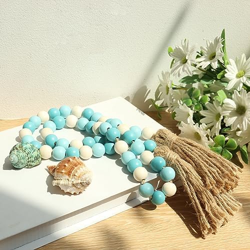 Meplait Wood Bead Garland, 39in Decorative Tassels Garland, Blue&Natural