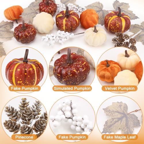 25Pcs Artificial Velvet Pumpkins Fall Decor Set Maple Pine Cones