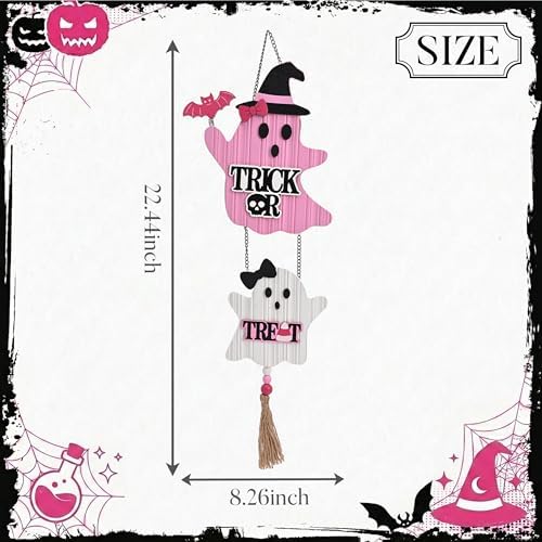Valery Madelyn Pink Halloween Decor, Cute Halloween Door Wreath Decorations, Ghost with Witch Hat Wooden Hanging Sign for Wall Window Door Handle, 22 inch