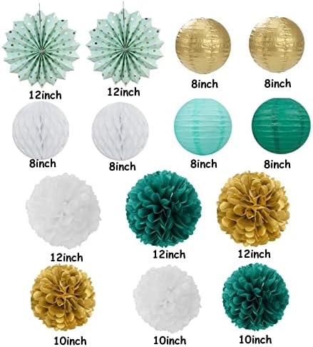 Sage-Green Teal-Gold Baby-Shower Party Decorations - 14pcs Rustic Wedding Paper Lanterns Fan,Tissue Pom Poms Streamers,Honeycomb Balls,Birthday Bachelorette Engagement Bridal Decor Lasting Surprise