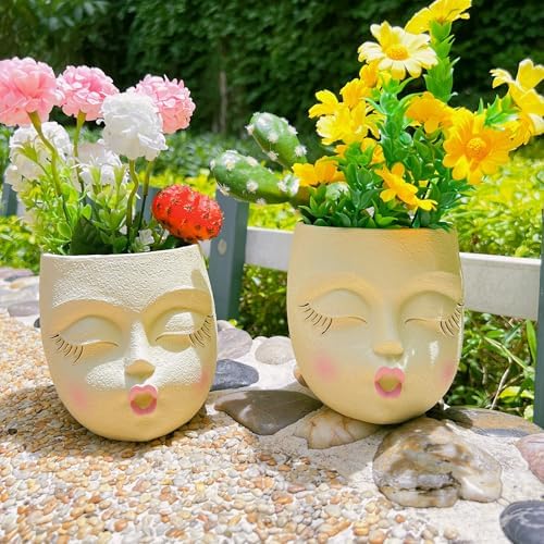 Flower Head Planter Pot,Resin Big Face Planters with Waiting Kiss,Yellow,1P