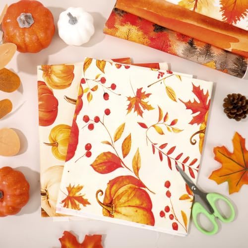 Whaline 10Pcs Fall Cotton Fabric Bundles Pumpkin Maple Leaves Fat Quarters Orange Brown Autumn Forest Sewing Fabrics for Harvest Party Thanksgiving DIY Craft Home Decor, 18 x 22 Inch