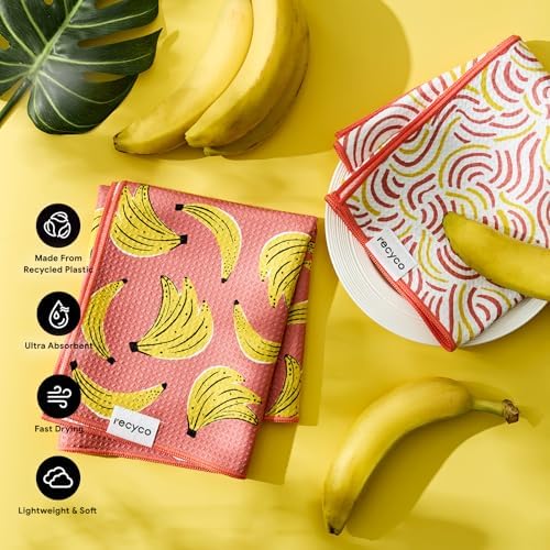 RECYCO Waffle Kitchen Towel Set of 2 - Quick Dry Microfiber Sustainable Dish Towels - Ultra Absorbent Reusable Cleaning Tea Towels - Lightweight Hand Towels,16”x 28”, Banana Joy