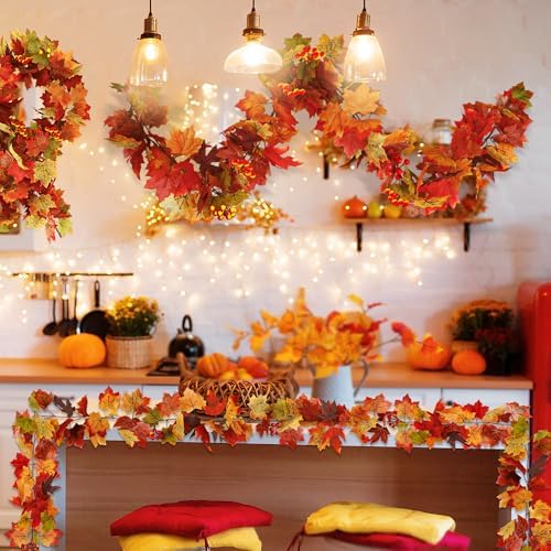 4Pack 23.6FT Red Fall Garland with Berries Maple Leaves for Autumn Decor