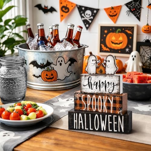 4Pcs Halloween Table Decoration Happy Halloween Wooden Ghost Sign