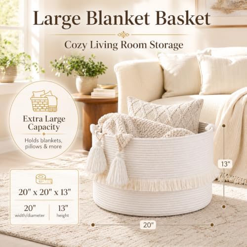 KAKAMAY Large Blanket Basket (20"x13"),Woven Baskets for storage Baby Laundry Hamper, Cotton Rope Blanket Basket for