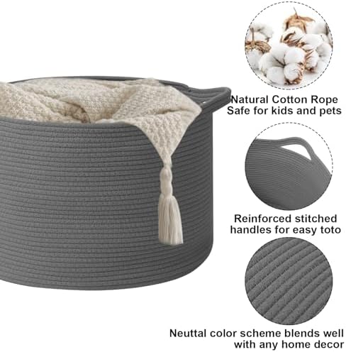65L Large Blanket Basket,Woven Rope Laundry Basket-Dark Grey