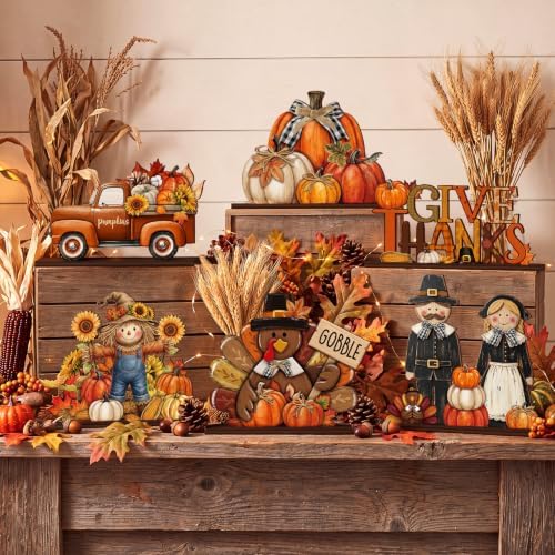 Wenqik 6 Pcs Fall Wooden Table Decorations for Home, Thanksgiving Harvest