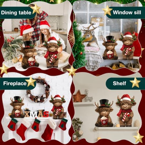 Simgoing 2 Pcs Christmas Highland Cow Figurines Resin Santa Reindeer Cow