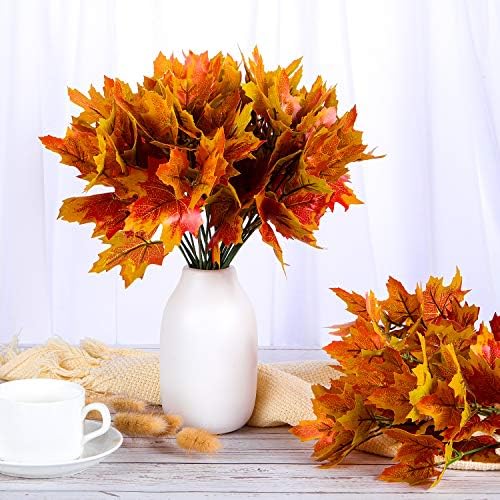 BBTO 6 Pcs Artificial Maple Leaves 7 Branches Fall Stems Decor,Orange