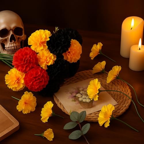 Waydress 30 Pcs Artificial Marigold Flowers Halloween,Black, Gold, Red