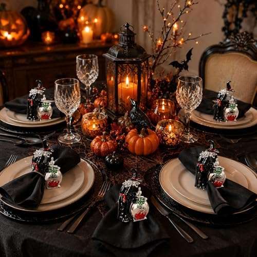 LUOZZY 4pcs Halloween Witch Napkin Rings Black Metal Holders for Party
