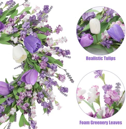 Sggvecsy Spring Summer Wreath for Front Door 22 Inch Artificial Purple Flower Wreath with Tulips Greenery Leaves Lavender for All Seasons Home Farmhouse Indoor Outdoor Wall Decor (Purple)