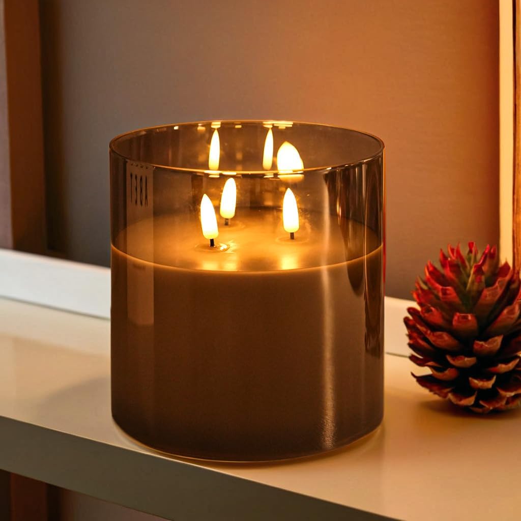 NICEME Extra Large 3 Wick Battery Operated Candle, 6"x6" Big Clear Glass Flameless Candles with Remote, Real Wax
