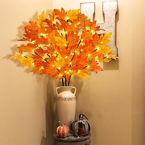 3Pcs 30”Lighted Maple Leaves Branches Stems with Timer Battery Operated 60 LEDs Fall Artificial Maple Branches with Lights for Vases Autumn Home Thanksgiving Halloween Christmas Decoration