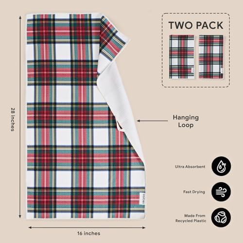 RECYCO Christmas Waffle Kitchen Towel Set of 2 - Quick Dry Microfiber Sustainable Dish Towels - Ultra Absorbent Reusable Cleaning Tea Towels - Lightweight Hand Towels,16”x 28”, Plaid