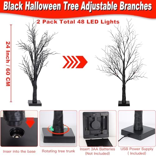 Halloween Decorations Indoor 2 Pack 24 Inch Black Halloween Tree with 48 Orange Red Led Lights, Timer/USB/Battery Operated Lighted Tabletop Spooky Tree for Halloween Table Decor Home Office Party