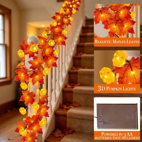 Timer&3 Pack Halloween Fall Decor Fall Garland with Pumpkin Lights 60LED