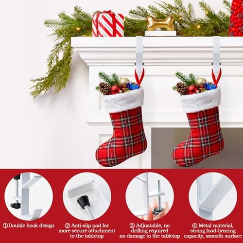 4 Pack Stocking Holders for Mantle for Christmas Decorations,2 in 1 Mantle Garland Holder for Hanging Christmas Stockings,No Drilling Required & Adjustable Garland Hanger, Metal(White)