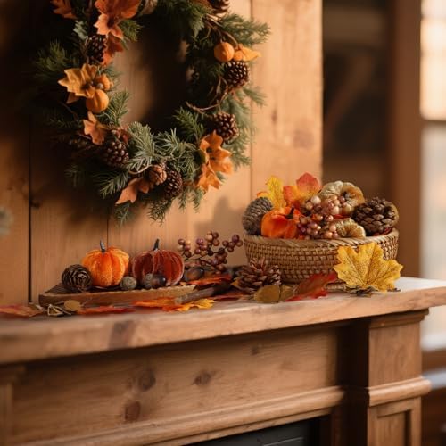 Artmag 51 PCS Artificial Fabric Pumpkins, Fall Harvest Decorations with Acorns, Pinecones, Berries, Maple Leaves for Fall Thansgiving Halloween Decoration