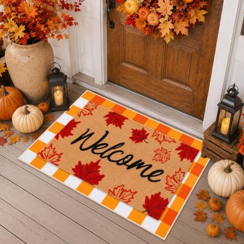 2 Pcs Fall Maple Leaf Welcome Doormat-Fall Decor Orange White Door Mat Set