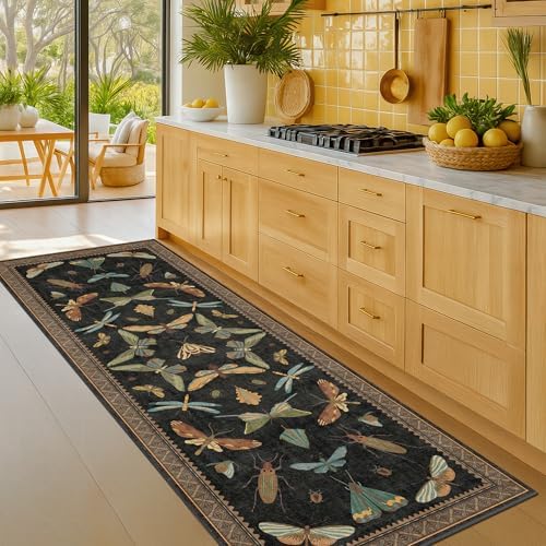 2x7 Black Non Slip Entryway Runner Rug, Boho Washable Runner for Hallway, Kitchen, Mudroom, Laundry Room, Nature Insect