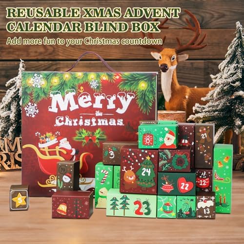 Christmas Advent Calendar 2025, Empty Advent Calendar to Till Yourself, 24 Days Christmas Countdown Advent Calendar, Reusable Xmas Gifts Boxes for Boys Girls Teens Adults