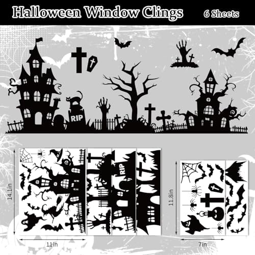 Whaline 6 Sheets Halloween Window Clings Black Castle Graveyard Bat Silhouette Reusable Window Decals for Spooky Holiday Haunted House Home Office School Glass Decor
