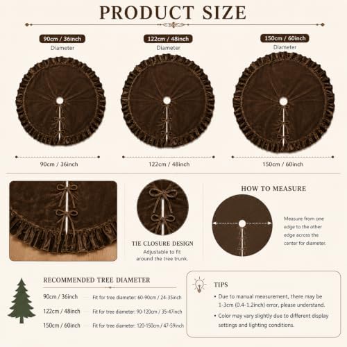 Velvet Christmas Tree Skirt Brown 60 inch Ruffled Holiday Tree Skirt for Rustic Xmas Tree Decoration