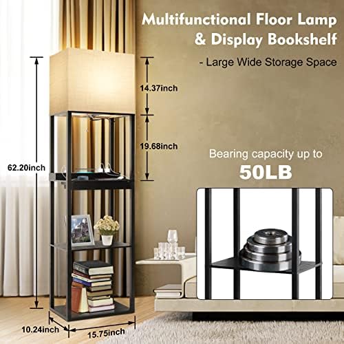 RUNTOP Plus Charging Station Floor Lamp with Wireless Charger, 2 USB-C Port, 2 Power Outlet, Floor Lamp with Shelves