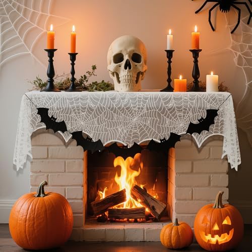 2 Pcs Halloween Mantle Scarf, White Lace Spiderweb Fireplace Mantel Scarf, Halloween Fireplace Decor Cover Garland for Door Window Indoor Curtain Festive Party Supplies, 18 x 83 Inch