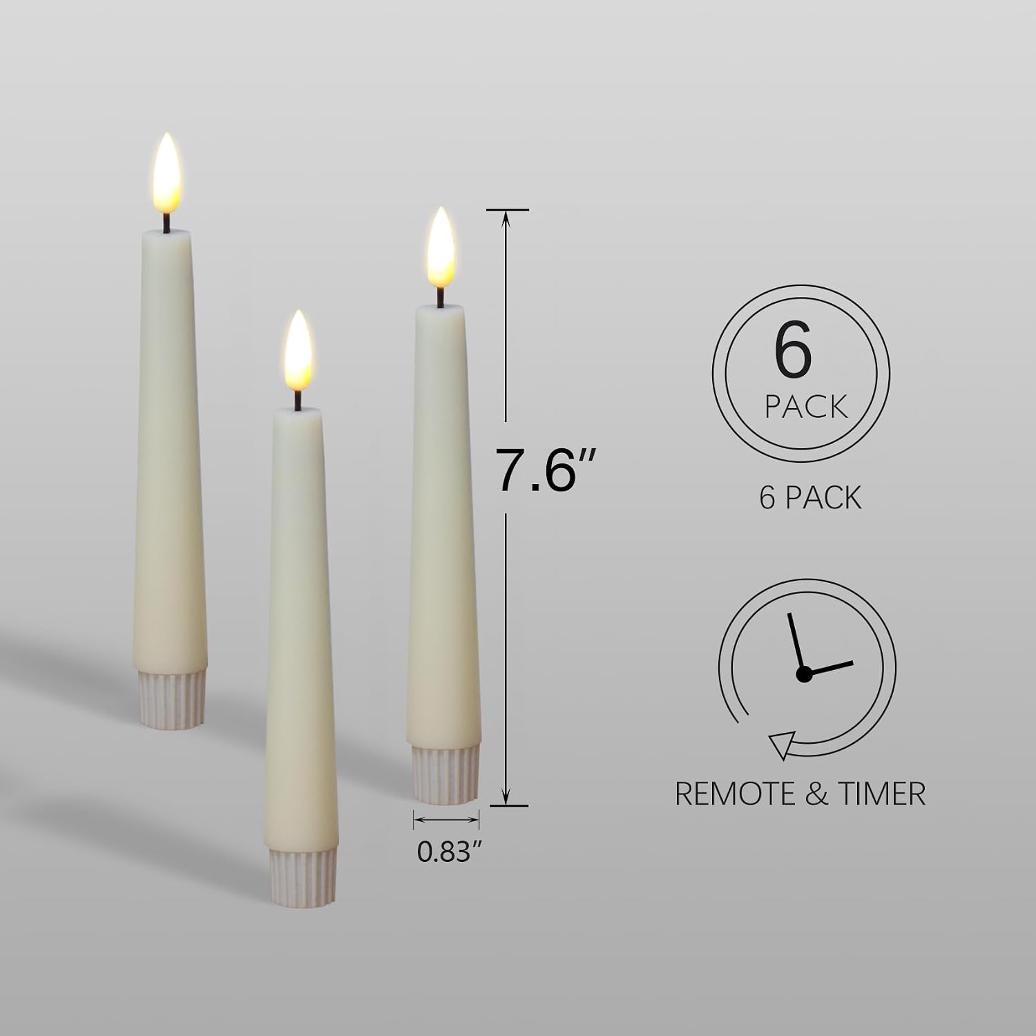 Short Ivory Flameless Taper Candles with Remote Set of 6 | Flickering LED Candlesticks, Real Wax Coating, 2 AAA Battery