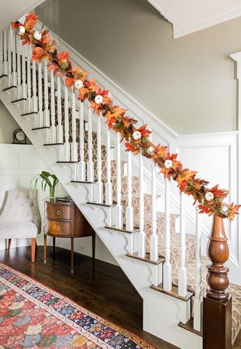 DearHouse 6ft Pumpkin Fall Maple Leaves Garland - Artificial Autumn Foliage Hanging Vine for Thanksgiving, Home, Wedding, Fireplace, Party, Christmas Decor (Orange & Brown)