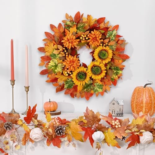 2 Pcs Fall Wreaths for Front Door,22 inch Autumn Sunflower Wreath