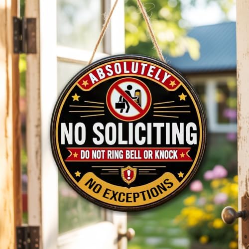 Absolutely No Soliciting Wooden Hanging Sign for House Front Door, Don't Knock or Ring Doorbell Sign for Private Property