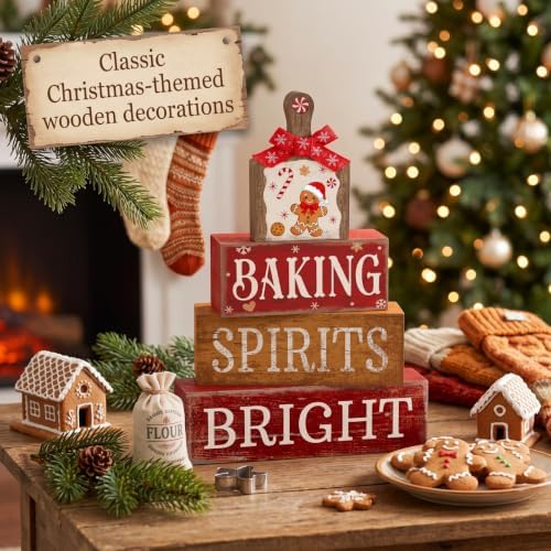 Lineshading 4 Pcs Gingerbread Baking Wood Block Signs, Farmhouse Decor