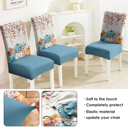 Fall Chair Covers Set of 4,Thanksgiving Parsons Chair slipcovers,Fall Pumpkin Kitchen Dining Room Decor Chair Seat Cover Protectors(Blue Pumpkin,4 Pack)