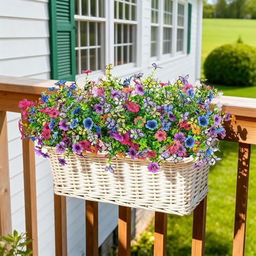Der Rose 12Pcs Artificial Flowers for Outdoors, 8Pcs Silk Fake Flowers with 4Pcs Lifelike Butterfly Flowers, UV Resistant Faux Flowers for Outdoor Planters Window Boxes Patio Porch Garden Decoration