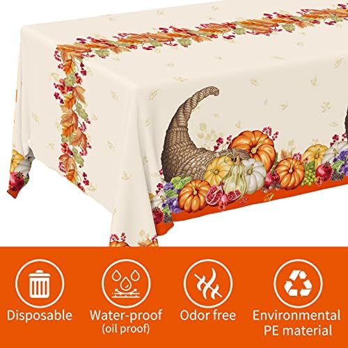 Fall Pumpkin Harvest Party Supply Plentiful Cornucopia Design plastic tablecloth for Thanksgiving Autumn Party Decorations 54 X 108Inch 3 Pack