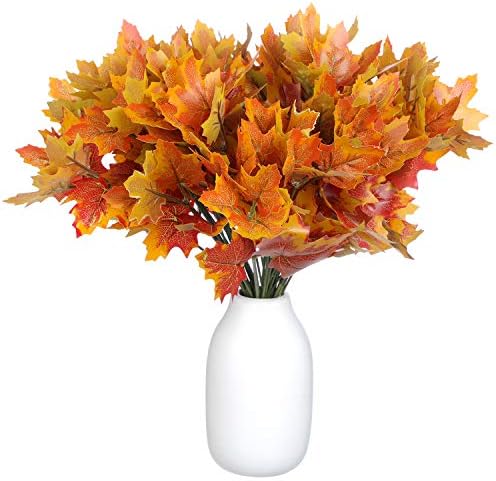 BBTO 6 Pcs Artificial Maple Leaves 7 Branches Fall Stems Decor,Orange