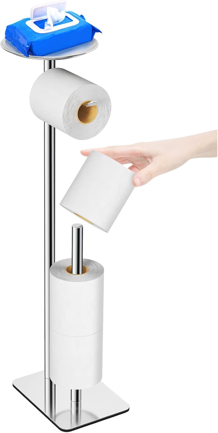 FEILERN Toilet Paper Holder Stand for Bathroom Floor Standing Toilet Roll Dispenser Storages 4 Reserve Rolls, with Top