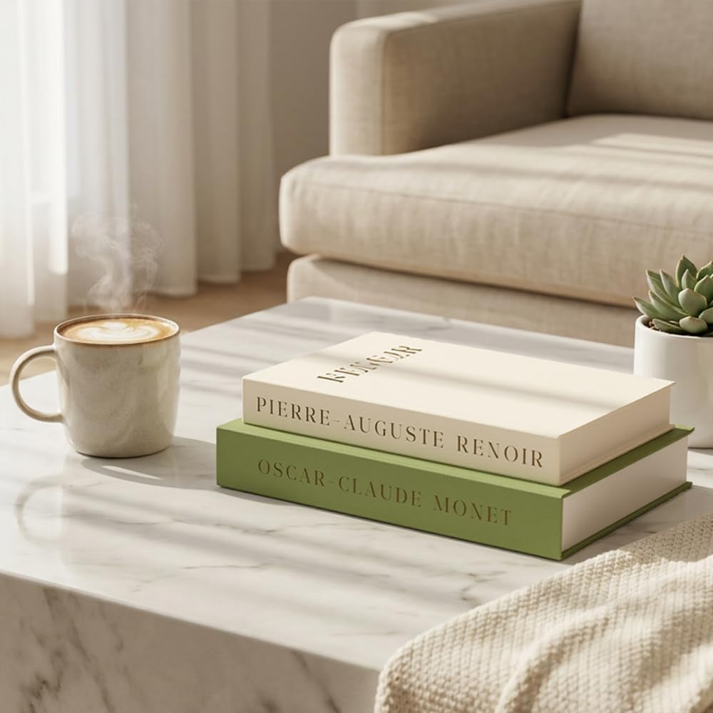 Linen Fake Books Coffee Table / Sage Green - Beige / Set of 2