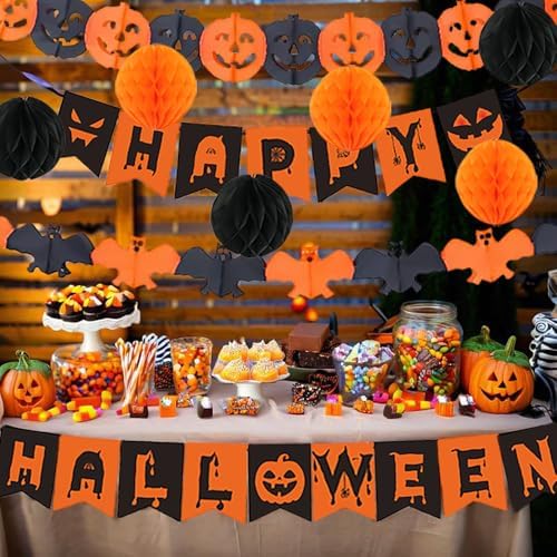 Halloween Party Decorations Happy Halloween Banner Black Orange Pumpkin Bats Decorations for Home Classroom Office Decorations ﻿